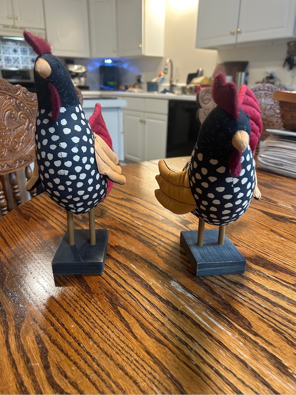 Set of 2 Polka Dot Rooster Figurines in Black, White, Red & Gold